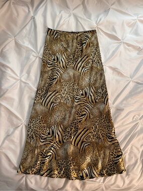 Animal Print Slip Skirt Summer Satin Gold Long Midi Silk- Tan/Black